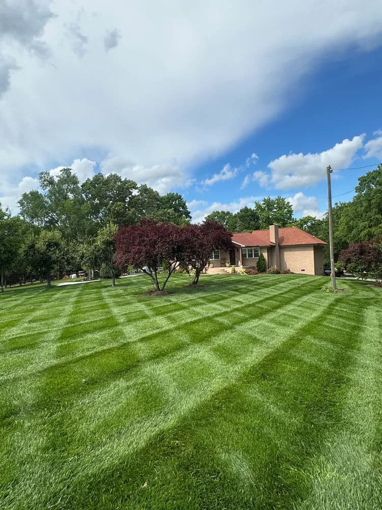 Well-manicured lawn with stripes, residential house and trees under a partly cloudy sky.