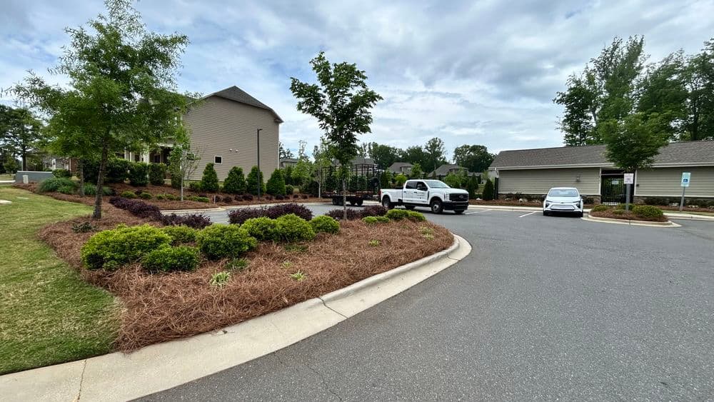 Residential area with landscaped gardens, parked vehicles, and cloudy sky in the background.