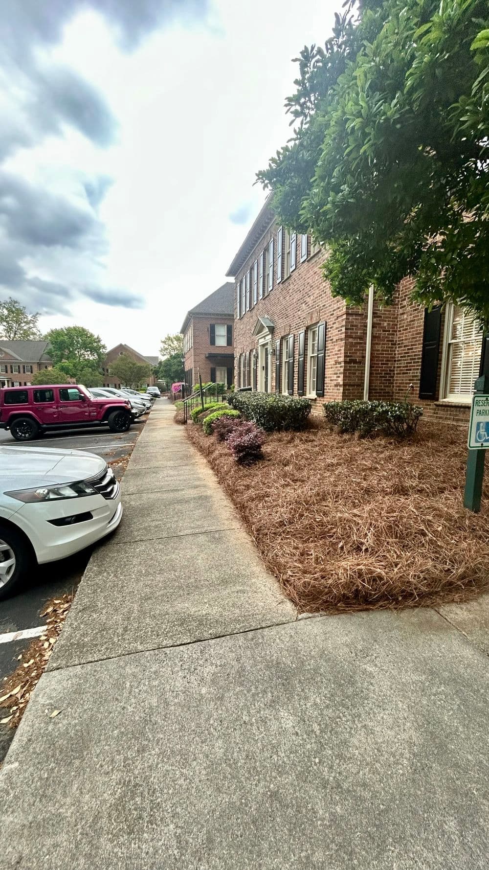 Sidewalk leading to a brick building, lined with parked cars and landscaped shrubs.