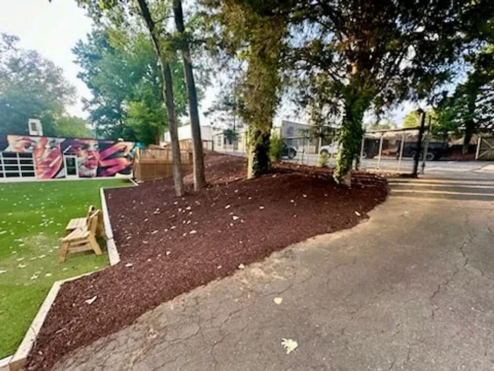 Landscaped garden area with mulch, trees, and a pathway leading to a fenced space.