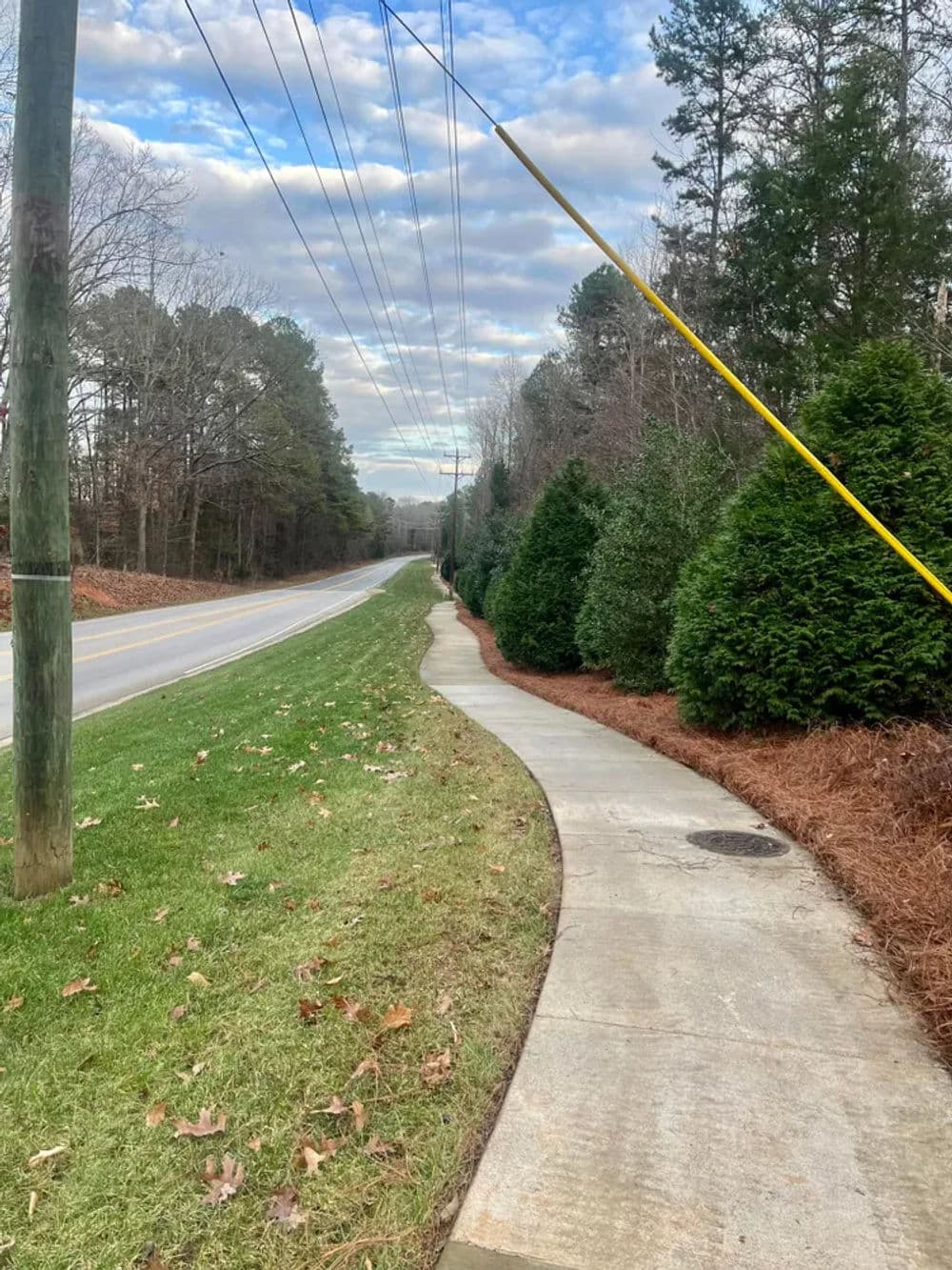 Curved sidewalk alongside a road, surrounded by trees and grassy areas under a cloudy sky.