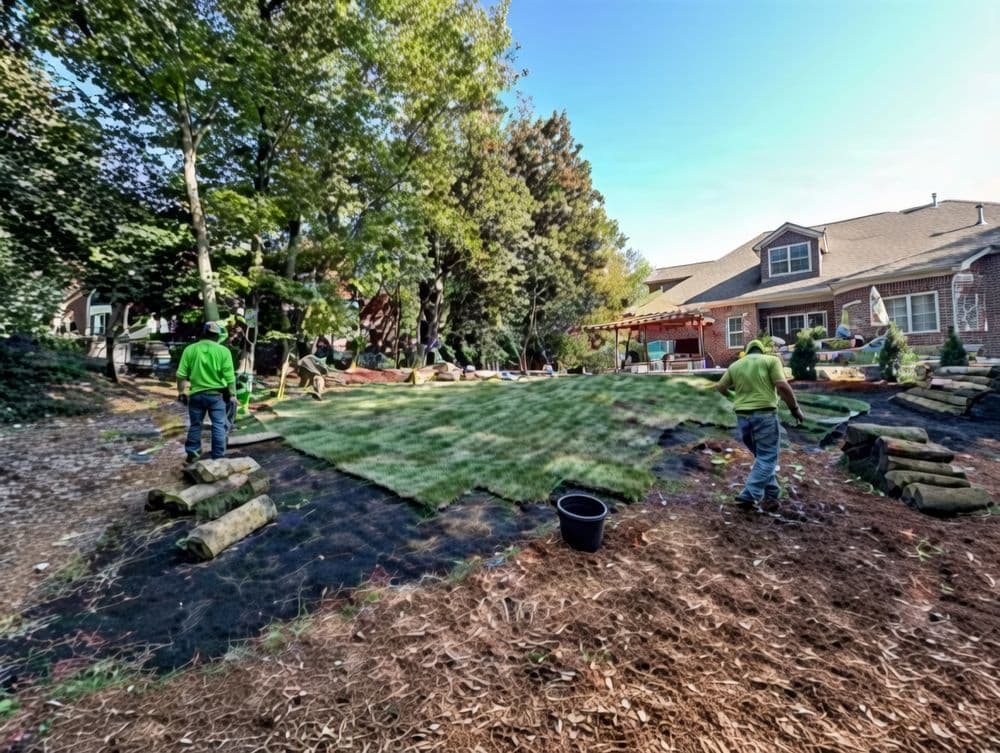 Landscapers installing new sod in a backyard surrounded by trees and a house in the background.